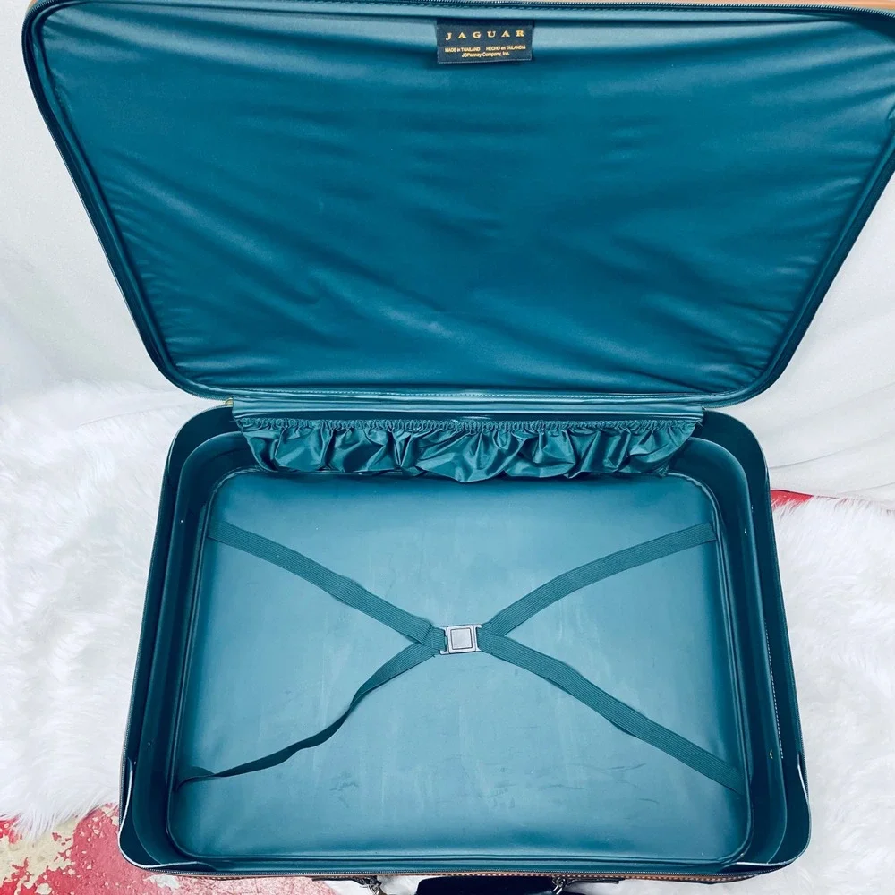 Jaguar Rolling Suitcase Green Canvas Faux Leather Large Vintage Bag